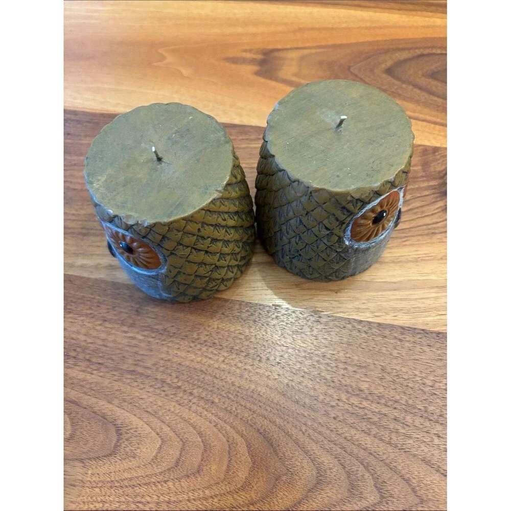 NEW Set of Two Textured Pillar Owl Candles 3”